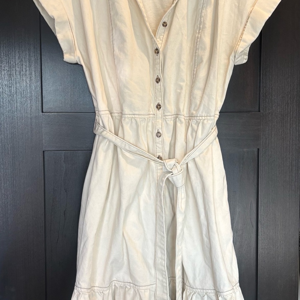 Ava & Viv Women’s Button Front Midi Shirt Dress Beige Short Sleeve Belted 1X